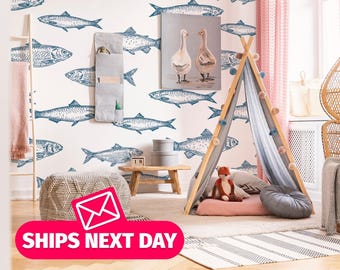 Mural de papel pintado de peces azules, habitación infantil con temática náutica, autoadhesivo o sin adhesivo.