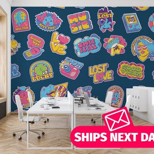 Psychedelic Stickers removable vinyl mural / retro Colorful Stickers wallpaper mural / Psychedelic mural - Peel & Stick or Non-Pasted