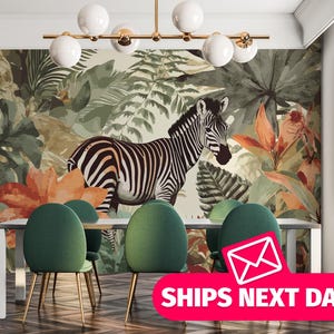 Tropical removable vinyl mural / Jungle Animals pattern wallpaper - Peel & Stick or Non-pasted / Zebra mural print