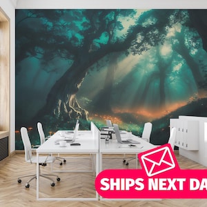 Mystic Forest removable vinyl mural / Enchanted Dark Woodland wallpaper mural / Glowing Mushroom mural print - Peel & Stick or Non-Pasted