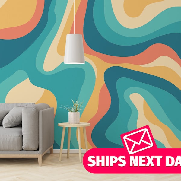 Blue and Orange Retro / Colorful wave Wall Mural, Peel and Stick Removable Vinyl Wallpaper