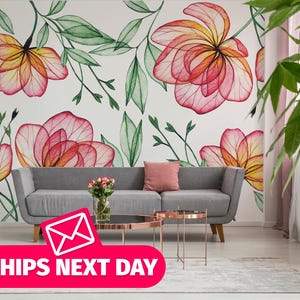 Opaque Florals removable vinyl mural / Watercolor Botanical Blooms wallpaper mural / Bright Floral mural print - Peel & Stick or Non-Pasted