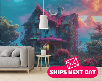 Enchanted Fairy House Wallpaper Mural – Removable Vinyl Cottage Print