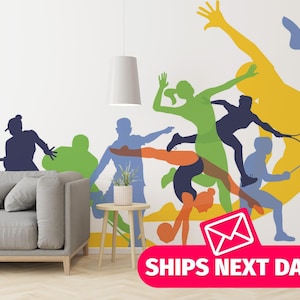 Murale da parete con silhouette multi-sport / Carta da parati sportiva staccabile e adesiva - Vinile o tessuto rimovibile, stampa murale sportiva colorata non incollata