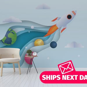 Kids Spaceship removable vinyl mural / Rocket and Planets wallpaper mural / Children's Planetary mural - Peel & Stick or Non-Pasted