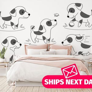 Dog / Black and white Mural, Peel and Stick Removable Vinyl or Fabric, Non-pasted Wallpaper / Cute Puppies wallpaper mural print