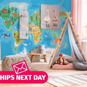 Kids map wallpaper mural / Cartoon Mural, Peel and Stick Removable Vinyl or Fabric, Non-pasted Wallpaper