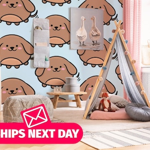 Dog / Puppy Mural, Peel and Stick Removable Vinyl or Fabric, Non-pasted Wallpaper / Cute Kawaii Puppy pattern wallpaper mural print