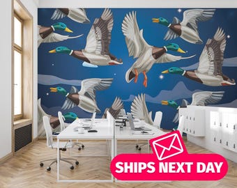 May include: A wall mural featuring a pattern of flying ducks against a dark blue background with white clouds and stars. The ducks have brown, white, and green plumage. The image includes office furniture and the text "SHIPS NEXT DAY".