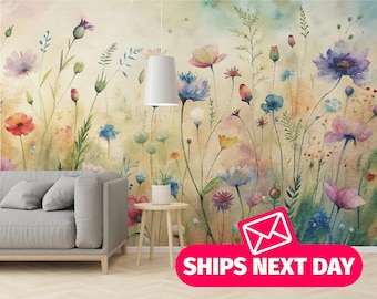 Mural de papel pintado de pradera de flores silvestres en acuarela: autoadhesivo o sin adhesivo.