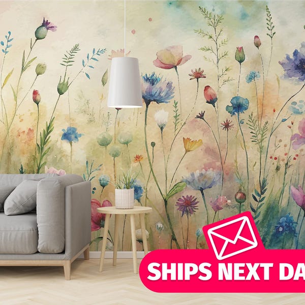Watercolor Meadow removable vinyl mural / Peel and stick Wildflower wallpaper mural / Watercolor mural print - Peel & Stick or Non-Pasted