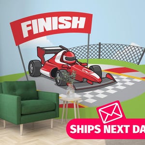 Cartoon Formula Car Mural – Removable Vinyl Racing Theme Wallpaper - Etsy