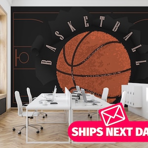 Carta da parati murale rimovibile in vinile con motivo basket / Carta da parati da parati Dark Bold Basketball / Stampa murale sportiva - Da staccare e attaccare o non incollare