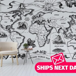 Vintage Map Wallpaper Wandbild / Weltkarte Wandbild, Schälen und Stick entfernbares Vinyl oder Stoff, nicht geklebte Tapete