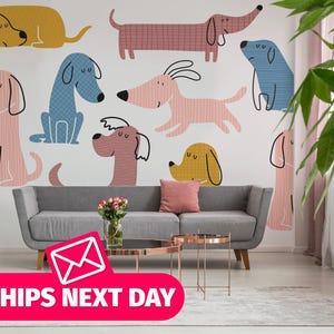 Colorful Dog removable vinyl mural / Kids Dog Pattern Peel and Stick Wallpaper / Playful Dog Wall Mural - Non-Pasted or Peel & Stick