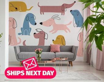 May include: A colorful wall mural featuring a variety of cartoon dogs in different poses. The dogs are all different colors and have different expressions. The mural is perfect for a child's room or playroom.
