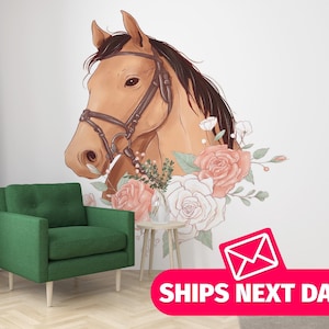 Horse wallpaper mural / Flowers Mural, Peel and Stick Removable Vinyl, Non-pasted Wallpaper / Pastel Horse Floral wallpaper mural print