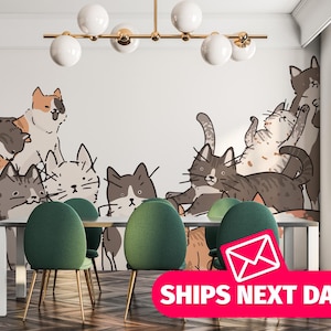 Handgezeichnete Katze / Tier Haustier Wandbild, Schälen und Aufkleben Abnehmbares Vinyl oder Stoff, nicht eingefügte Tapete / Verspielter Haustier-Tapetenwandbilddruck