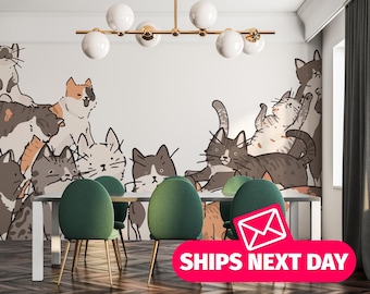 Hand Drawn Cats Wallpaper Mural, Playful Pet Design, Peel and Stick