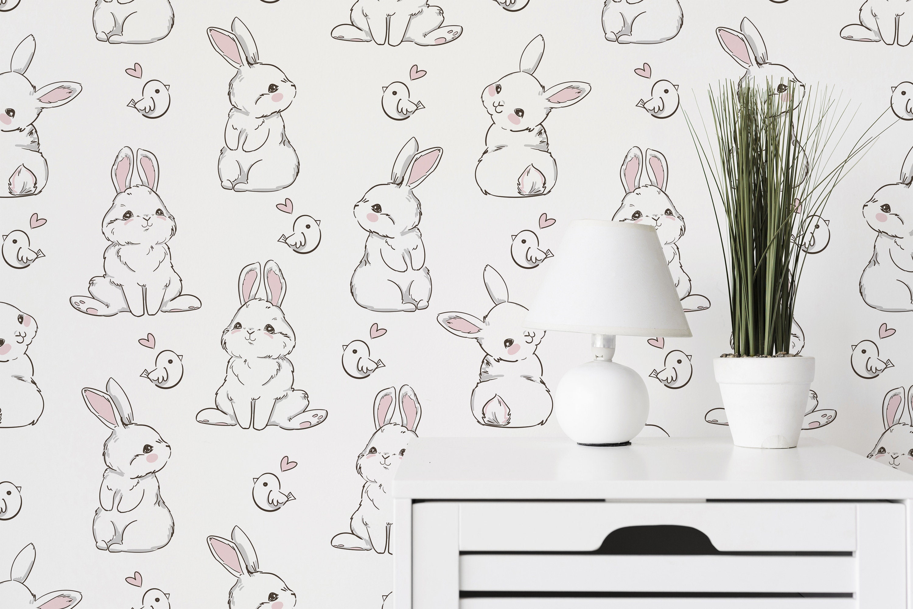 White bunny peel and stick wallpaper / White removable | Etsy