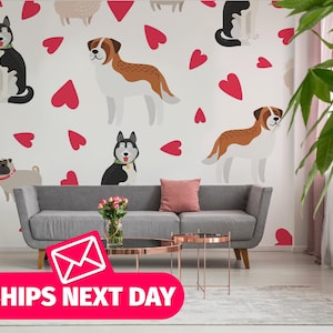 Dogs and Hearts removable vinyl mural / Peel and stick Hearts pattern wallpaper mural / Cute Dogs mural print - Peel & Stick or Non-Pasted