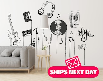 Zwart-wit muziekmuurschildering, funky vinylbehang, Peel and Stick