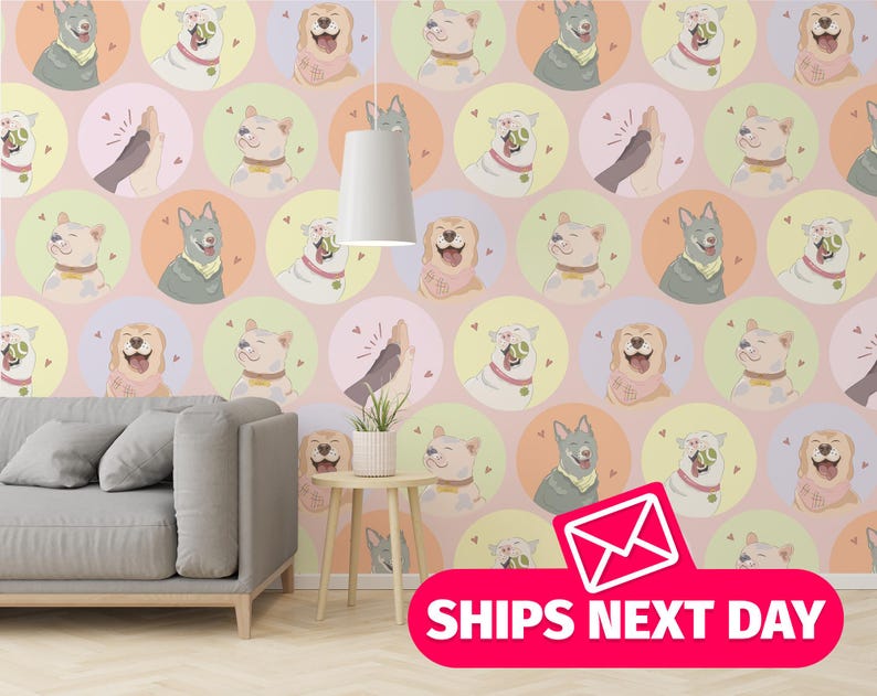 Playful pastel dog mural featuring cute illustrated puppy faces in soft hues of pink, peach, mint, and yellow. Each dog has a unique expression and cartoon charm, perfect for nurseries, pet-friendly homes, or kids' rooms. Printed on high-quality peel and stick vinyl or non-pasted wallpaper, this mural is available in custom sizes and color variations, offering easy installation and a heartwarming, pet-loving vibe.