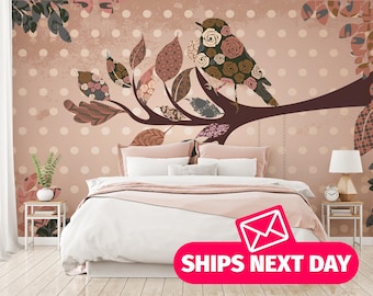 Mural de pájaro bohemio en una rama – Papel pintado ornamental removible