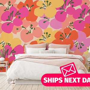Bold Bright Floral removable vinyl mural / Playful Meadow Bloom wallpaper - Peel & Stick or Non-pasted / Colorful Daisy mural print