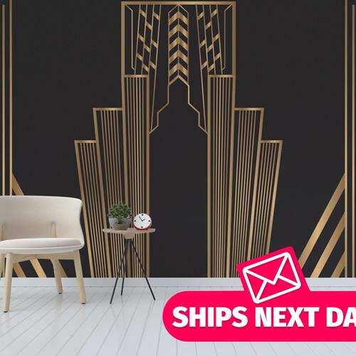 Papier peint mural Art Déco : lignes géométriques dorées, autocollant ou non