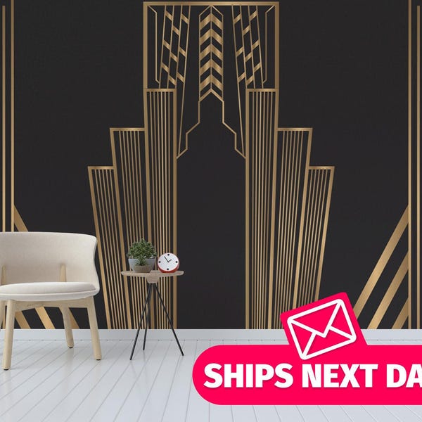 Art Deco Wallpaper Mural: Gold Geometric Lines, Peel & Stick or Unpasted