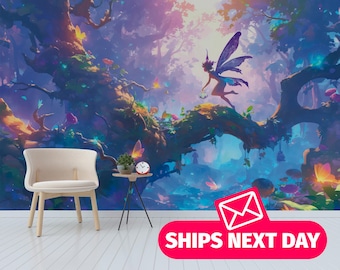 Enchanted Fairy Forest removable vinyl mural / Magical Woodland wallpaper mural – Peel & Stick or Non-Pasted / Fantasy Nature mural print
