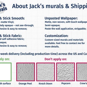 This guide shows wall compatibility for Jack's Murals wallpaper types. Peel & Stick Smooth works only on smooth surfaces. Peel & Stick Fabric is eco-friendly, safe for kids' rooms and nurseries, and suitable for slightly textured walls. Non-pasted wallpaper must be applied to primed or pre-pasted walls. Not recommended for rough textures like knockdown, popcorn, or orange peel surfaces.