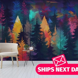 Colorful Forest removable vinyl mural / Peel and stick Abstract Woods wallpaper mural - Peel & Stick or Non-pasted / Colorful mural print