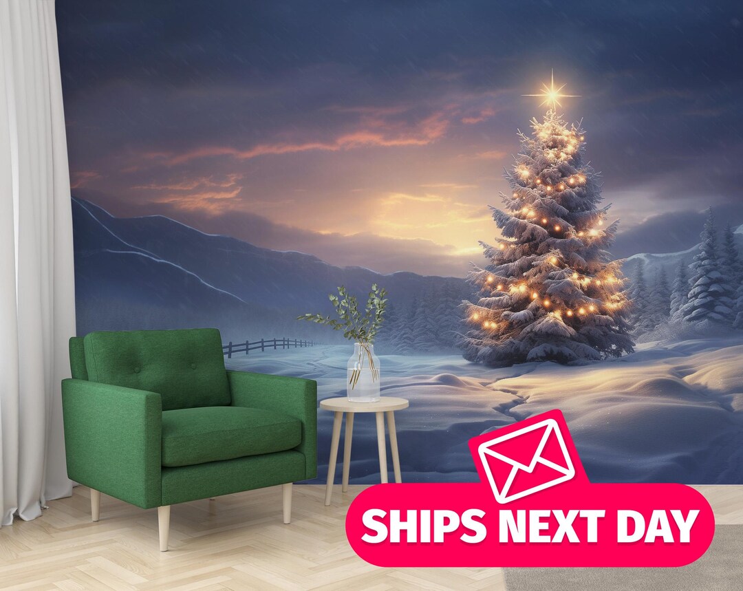 Snowy Christmas Tree Wallpaper Mural – Peel and Stick Winter Scene - Etsy