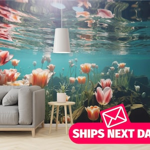 Underwater Tulips wallpaper / Surreal Floral Ocean wall mural / Blooming Coral Garden mural print – Removable Peel & Stick or Non-pasted