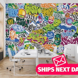 Green Graffiti removable vinyl mural / Abstract Street Art wallpaper mural - Peel & Stick or Non-pasted / Colorful mural print