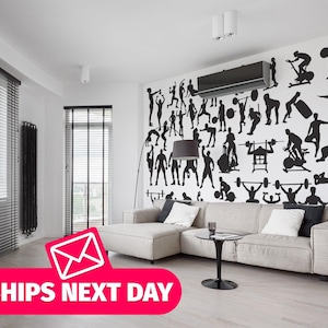 Gym wallpaper mural / Workout Mural, Peel and Stick Removable Vinyl, Non-pasted Wallpaper / Sport Silhouettes wallpaper mural print