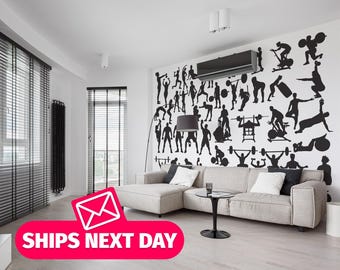 Gym wallpaper mural / Workout Mural, Peel and Stick Removable Vinyl, Non-pasted Wallpaper / Sport Silhouettes wallpaper mural print