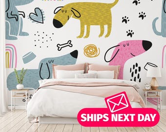 Colorful Dogs Wallpaper Mural – Peel and Stick, Kids Room Decor
