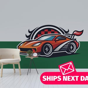 Sports Car removable vinyl mural / Racing Car wallpaper mural / removable Red Cartoon Car mural print - Peel & Stick or Non-Pasted