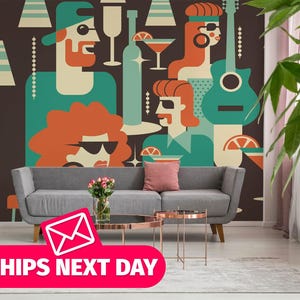 Retro Music removable vinyl mural / Peel and stick 70s wallpaper mural - Peel & Stick or Non-pasted / Music mural print