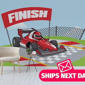 Cute Racing Car removable vinyl mural / Cartoon Sports Car wallpaper mural / Red Formula Car mural print - Peel & Stick or Non-Pasted