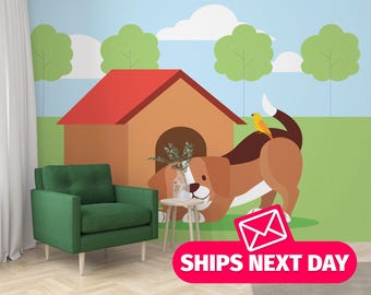 Dog / Cartoon Mural, Peel and Stick Removable Vinyl or Fabric, Non-pasted Wallpaper