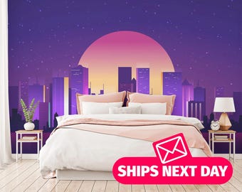 City Skyline Landscape Mural / Celestial Nightscape wallpaper / Purple Mid-Century print - Removable Self-adhesive or Non-Pasted
