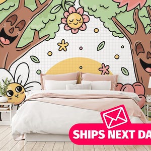 Cute Cartoon Forest removable vinyl mural / Peel and stick Forest wallpaper mural - Peel & Stick or Non-pasted / Cartoon mural print