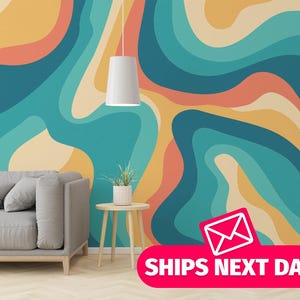 Murale astratto Retro Wave / Carta da parati adesiva blu e arancione / Stampa murale colorata e audace - Vinile rimovibile o tessuto non incollato