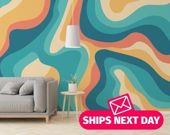 Retro Wave Abstract mural / Blue and Orange peel and stick wallpaper / Bold Colorful mural print - Removable Vinyl or Non-Pasted Fabric
