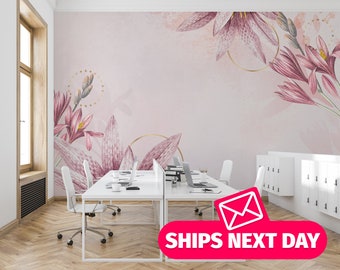 Mural de pared floral / artístico rosa, papel tapiz de vinilo extraíble de pelar y pegar