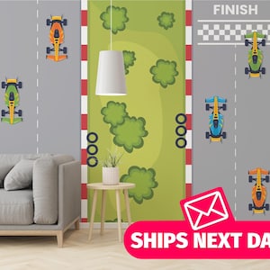 Race Track removable vinyl mural / Cute Formula 1 wallpaper mural / Kids Cartoon Racing mural print - Peel & Stick or Non-Pasted